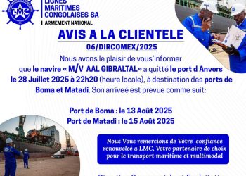 Transport : LMC informe sa clientèle que son navire AAL GIBRALTAR a quitté Anvers pour Matadi. Voici le programme (Communiqué).