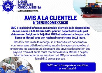 LMC: son navire AAL GIBRALTAR quitte le port d’Anvers en Belgique ce 24 juillet pour Boma et Matadi (Communiqué)
