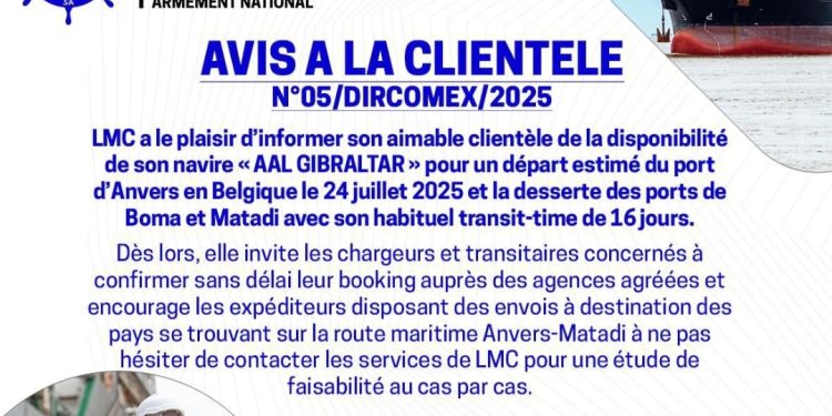 LMC: son navire AAL GIBRALTAR quitte le port d’Anvers en Belgique ce 24 juillet pour Boma et Matadi (Communiqué)